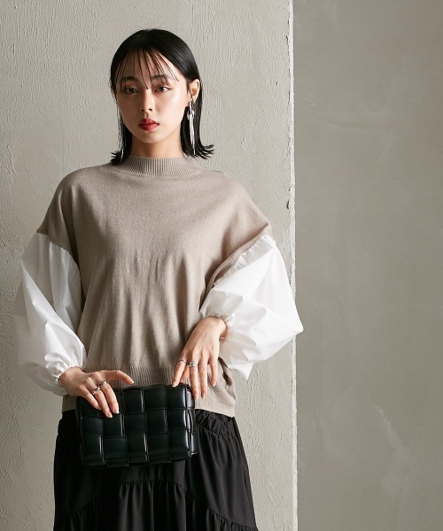 Soiunique（スワユニーク）の「異素材切替　超ワイドスリーブニット [Soiunique]（ニット/セーター・レディース・グレイッシュベージュ/ブラック×ホワイト/ブラック・M/L）」の21枚目の写真