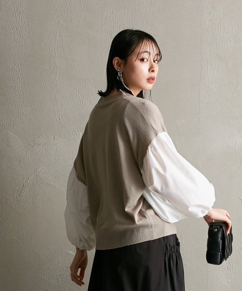 Soiunique（スワユニーク）の「異素材切替　超ワイドスリーブニット [Soiunique]（ニット/セーター・レディース・グレイッシュベージュ/ブラック×ホワイト/ブラック・M/L）」の4枚目の写真