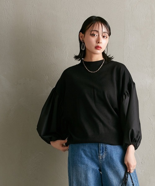 Soiunique（スワユニーク）の「異素材切替　超ワイドスリーブニット [Soiunique]（ニット/セーター・レディース・グレイッシュベージュ/ブラック×ホワイト/ブラック・M/L）」の13枚目の写真