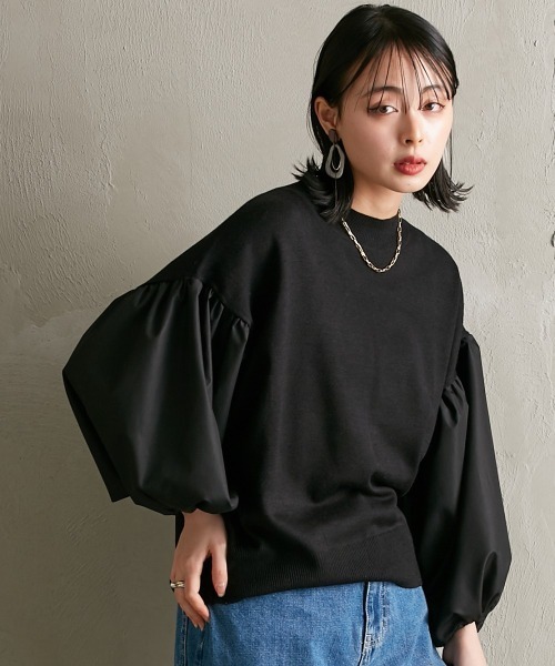 Soiunique（スワユニーク）の「異素材切替　超ワイドスリーブニット [Soiunique]（ニット/セーター・レディース・グレイッシュベージュ/ブラック×ホワイト/ブラック・M/L）」の14枚目の写真