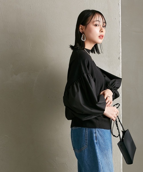 Soiunique（スワユニーク）の「異素材切替　超ワイドスリーブニット [Soiunique]（ニット/セーター・レディース・グレイッシュベージュ/ブラック×ホワイト/ブラック・M/L）」の16枚目の写真