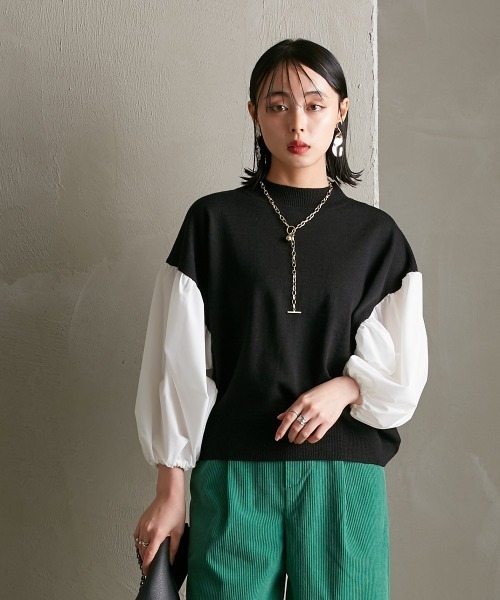 Soiunique（スワユニーク）の「異素材切替　超ワイドスリーブニット [Soiunique]（ニット/セーター・レディース・グレイッシュベージュ/ブラック×ホワイト/ブラック・M/L）」の9枚目の写真