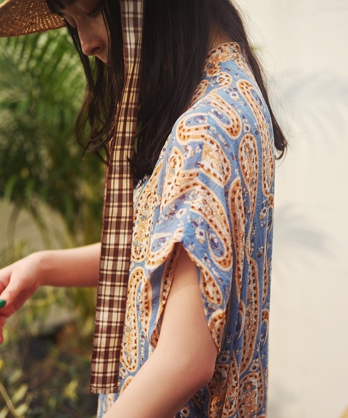 【美品】ear PAPILLONNER 花柄シャツワンピース 麻混 羽織可 美品】ear PAPILLONNER 花柄シャツワンピース 麻混 羽織可