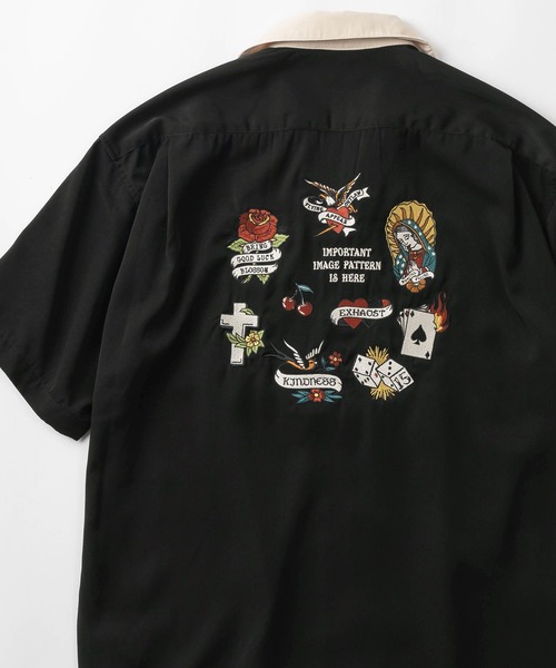 POWER TO THE PEOPLE（パワートゥーザピープル）の「【POWER TO THE PEOPLE/パワー トゥザ ピープル】ルード＆アメリカンイラスト バック刺繍デザイン  ビッグシルエット半袖シャツ（シャツ/ブラウス・メンズ・ブラック/ライトベージュ/ダークオレンジ/マスタード/ブラック系その他/グリーン/アイボリー/イエロー・M/L/XL）」の2枚目の写真