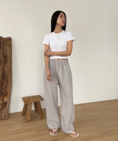 【LOOKPLE】 ストライプ リネン バンディング ワイドパンツ 2021SS №821442 リネンストライプ ワイドパンツ <nous rendent