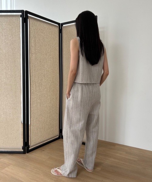 【LOOKPLE】 ストライプ リネン バンディング ワイドパンツ 2021SS №821442 リネンストライプ ワイドパンツ <nous rendent
