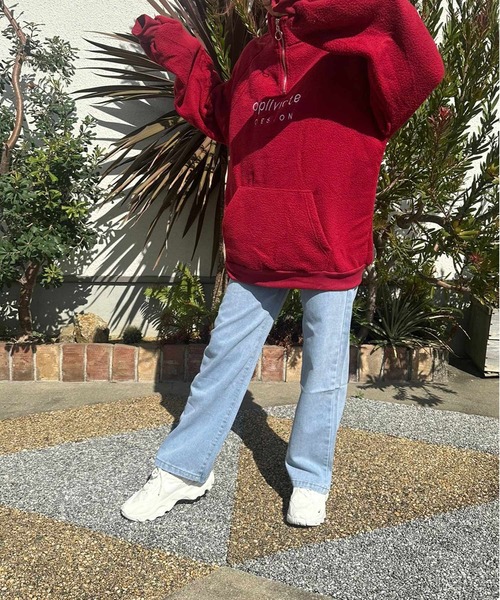 ARCADE（アーケード）の「ハーフジップ 韓国風 オーバーサイズ ボアフリース ニット スウェット スタンドカラー プルオーバー トレーナー -ARCADE Limited Line-（スウェット・レディース・ホワイト/レッド/ブルー・FREE）」の9枚目の写真