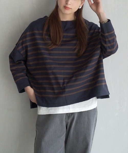 zootie（ズーティー）の「【食べこぼしも安心！撥水・撥油加工つき】シミヘン加工 フレンチバスク ワイドプルオーバー［ボーダー＆無地］（Tシャツ/カットソー・レディース・ホワイト×レッド/ホワイト×ブルー/ホワイト×グレー/ホワイト×ブラック/ロイヤルブルー/ネイビー/ブラック/ブルー系その他/ブラック×ホワイト/ダークグリーン/オフホワイト/レッド/ベージュ系その他/杢グレー/チョコ/ブラウン系その他/イエロー系その他2/ライトイエロー/ライトブルー/ブルー系その他2/イエロー系その他/ライトピンク/ミント/ネイビー系1/レッド系その他/ベージュ系その他2/イエロー系その他3/グレー系その他/ネイビー×ホワイト・フリー）」の21枚目の写真