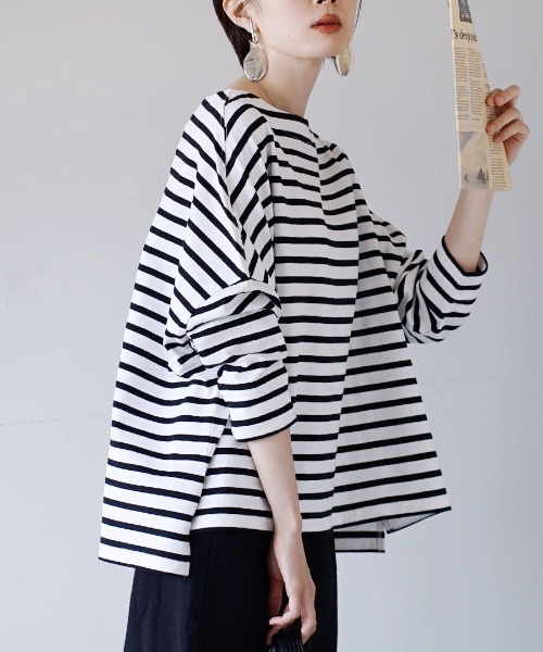 zootie（ズーティー）の「【食べこぼしも安心！撥水・撥油加工つき】シミヘン加工 フレンチバスク ワイドプルオーバー［ボーダー＆無地］（Tシャツ/カットソー・レディース・ホワイト×レッド/ホワイト×ブルー/ホワイト×グレー/ホワイト×ブラック/ロイヤルブルー/ネイビー/ブラック/ブルー系その他/ブラック×ホワイト/ダークグリーン/オフホワイト/レッド/ベージュ系その他/杢グレー/チョコ/ブラウン系その他/イエロー系その他2/ライトイエロー/ライトブルー/ブルー系その他2/イエロー系その他/ライトピンク/ミント/ネイビー系1/レッド系その他/ベージュ系その他2/イエロー系その他3/グレー系その他/ネイビー×ホワイト・フリー）」の5枚目の写真