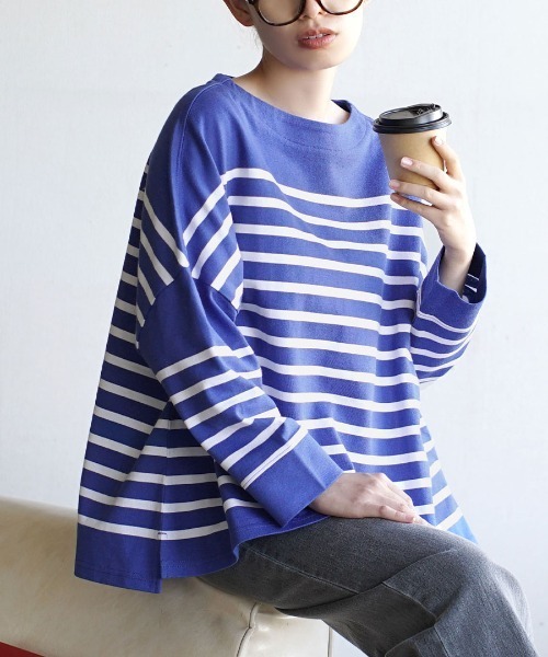 zootie（ズーティー）の「【食べこぼしも安心！撥水・撥油加工つき】シミヘン加工 フレンチバスク ワイドプルオーバー［ボーダー＆無地］（Tシャツ/カットソー・レディース・ホワイト×レッド/ホワイト×ブルー/ホワイト×グレー/ホワイト×ブラック/ロイヤルブルー/ネイビー/ブラック/ブルー系その他/ブラック×ホワイト/ダークグリーン/オフホワイト/レッド/ベージュ系その他/杢グレー/チョコ/ブラウン系その他/イエロー系その他2/ライトイエロー/ライトブルー/ブルー系その他2/イエロー系その他/ライトピンク/ミント/ネイビー系1/レッド系その他/ベージュ系その他2/イエロー系その他3/グレー系その他/ネイビー×ホワイト・フリー）」の18枚目の写真