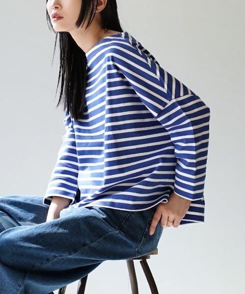 zootie（ズーティー）の「【食べこぼしも安心！撥水・撥油加工つき】シミヘン加工 フレンチバスク ワイドプルオーバー［ボーダー＆無地］（Tシャツ/カットソー・レディース・ホワイト×レッド/ホワイト×ブルー/ホワイト×グレー/ホワイト×ブラック/ロイヤルブルー/ネイビー/ブラック/ブルー系その他/ブラック×ホワイト/ダークグリーン/オフホワイト/レッド/ベージュ系その他/杢グレー/チョコ/ブラウン系その他/イエロー系その他2/ライトイエロー/ライトブルー/ブルー系その他2/イエロー系その他/ライトピンク/ミント/ネイビー系1/レッド系その他/ベージュ系その他2/イエロー系その他3/グレー系その他/ネイビー×ホワイト・フリー）」の20枚目の写真