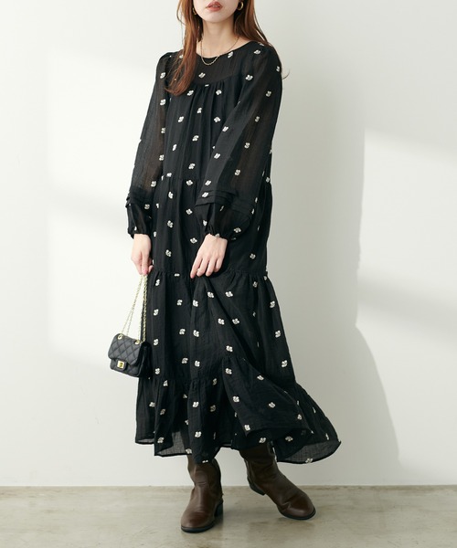 natural couture(ナチュラルクチュール)の「はしごレース刺繍ティアードワンピース(ワンピース・レディース・アイボリー/ブラック・FREE)」の9枚目の写真