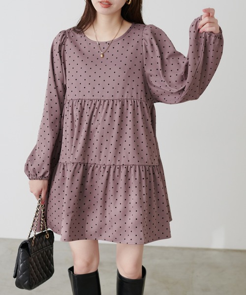 natural couture(ナチュラルクチュール)の「フロッキードットティアードチュニック(シャツ/ブラウス・レディース・モカ/ライトベージュ/ブラック・FREE)」の13枚目の写真