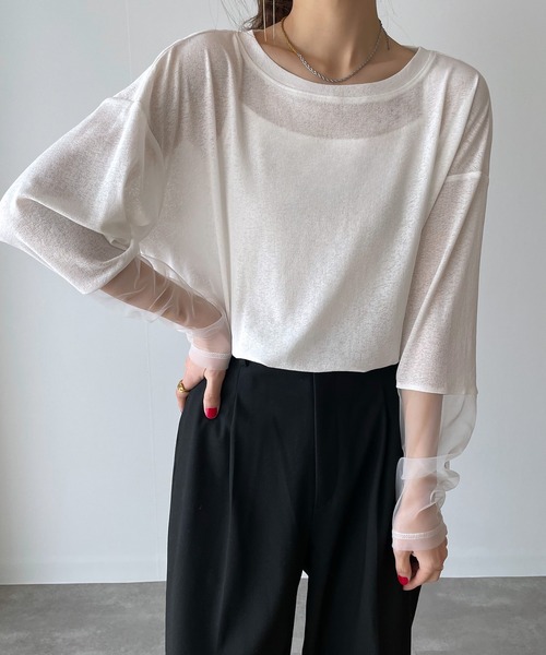 JUNOAH（ジュノア）の「チュール袖切替シアーロンT（Tシャツ/カットソー・レディース・オフホワイト/ブラック/ピンク・X-LARGE/LARGE/MEDIUM）」の2枚目の写真