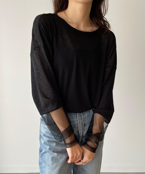 JUNOAH（ジュノア）の「チュール袖切替シアーロンT（Tシャツ/カットソー・レディース・オフホワイト/ブラック/ピンク・X-LARGE/LARGE/MEDIUM）」の5枚目の写真