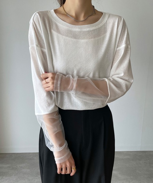 JUNOAH（ジュノア）の「チュール袖切替シアーロンT（Tシャツ/カットソー・レディース・オフホワイト/ブラック/ピンク・X-LARGE/LARGE/MEDIUM）」の7枚目の写真