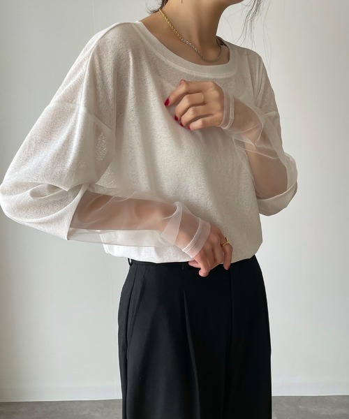 JUNOAH（ジュノア）の「チュール袖切替シアーロンT（Tシャツ/カットソー・レディース・オフホワイト/ブラック/ピンク・X-LARGE/LARGE/MEDIUM）」の8枚目の写真