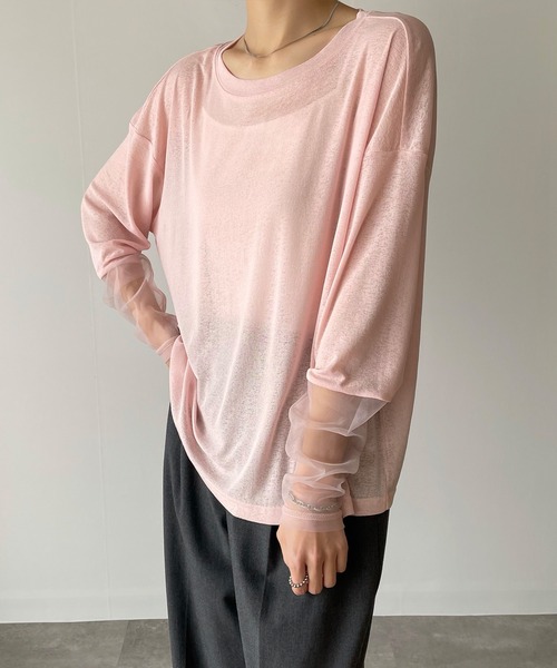 JUNOAH（ジュノア）の「チュール袖切替シアーロンT（Tシャツ/カットソー・レディース・オフホワイト/ブラック/ピンク・X-LARGE/LARGE/MEDIUM）」の12枚目の写真