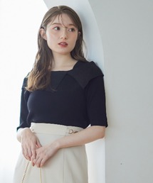 アシメラメリブオフショル5分袖ニットプルオーバー