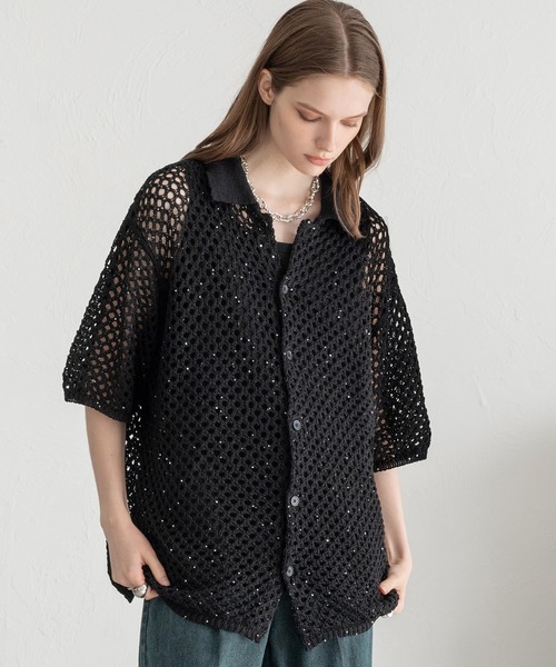 SELLE GLANT（セレグランテ）の「SEQUINS MESH KNIT SHIRT/スパンコールメッシュニットシャツ（シャツ/ブラウス・メンズ・ブラック/ボルドー・SMALL/MEDIUM/LARGE）」の21枚目の写真