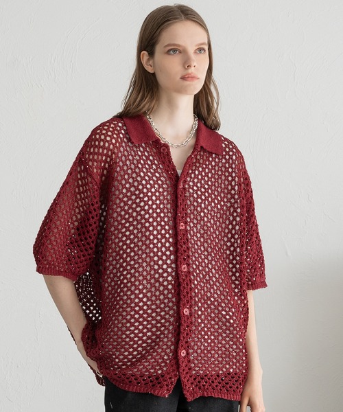 SELLE GLANT（セレグランテ）の「SEQUINS MESH KNIT SHIRT/スパンコールメッシュニットシャツ（シャツ/ブラウス・メンズ・ブラック/ボルドー・SMALL/MEDIUM/LARGE）」の3枚目の写真