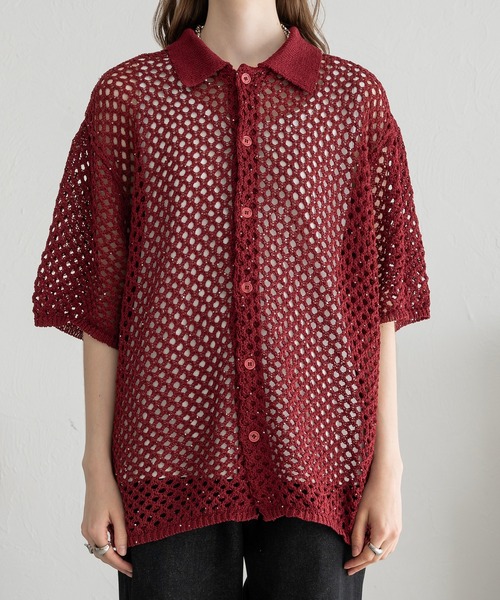 SELLE GLANT（セレグランテ）の「SEQUINS MESH KNIT SHIRT/スパンコールメッシュニットシャツ（シャツ/ブラウス・メンズ・ブラック/ボルドー・SMALL/MEDIUM/LARGE）」の6枚目の写真