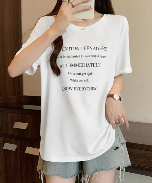 Miniministore(ミニミニストア)の「ロゴtシャツ 半袖 サマートップス韓国風(Tシャツ/カットソー・レディース・ブラック/ホワイト・FREE)」の9枚目の写真