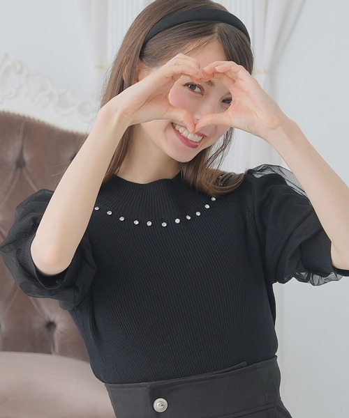 DearMyLoveRose(ディアマイラブローズ)の「袖チュールビジューハイネックトップス(ニット/セーター・レディース・ホワイト/ベビーピンク/ブラック・M-L/LL~3L/L~LL)」の6枚目の写真