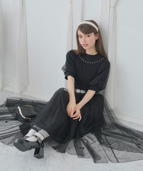 DearMyLoveRose(ディアマイラブローズ)の「袖チュールビジューハイネックトップス(ニット/セーター・レディース・ホワイト/ベビーピンク/ブラック・M-L/LL~3L/L~LL)」の8枚目の写真