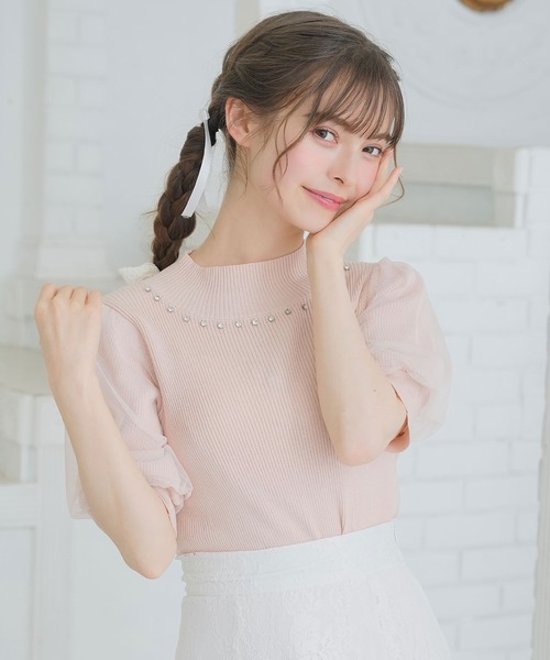 DearMyLoveRose(ディアマイラブローズ)の「袖チュールビジューハイネックトップス(ニット/セーター・レディース・ホワイト/ベビーピンク/ブラック・M-L/LL~3L/L~LL)」の19枚目の写真