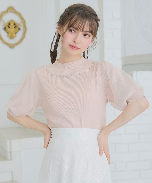 袖チュールビジューハイネックトップス（ニット/セーター