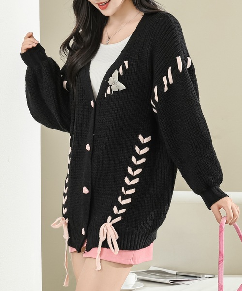 Lace Ladies（レースレディース）の「ビッグシルエット 配色 レースアップ 長袖 ニット カーディガン（カーディガン/ボレロ・レディース・アイボリー/ブラック・FREE）」の2枚目の写真