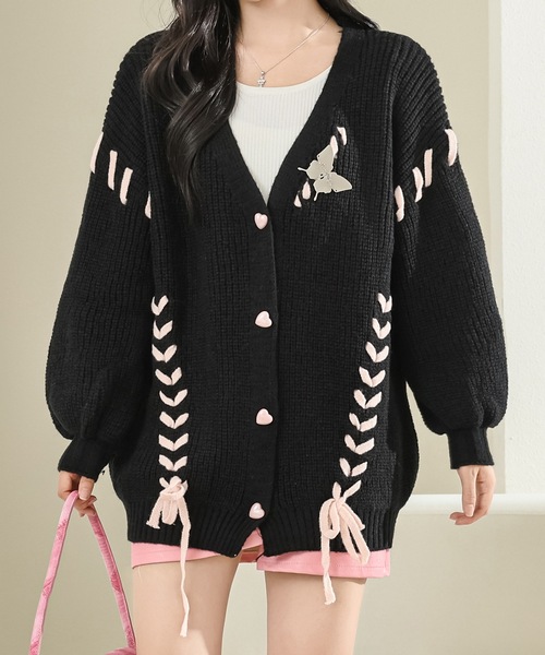 Lace Ladies（レースレディース）の「ビッグシルエット 配色 レースアップ 長袖 ニット カーディガン（カーディガン/ボレロ・レディース・アイボリー/ブラック・FREE）」の3枚目の写真