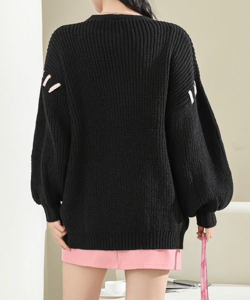 Lace Ladies（レースレディース）の「ビッグシルエット 配色 レースアップ 長袖 ニット カーディガン（カーディガン/ボレロ・レディース・アイボリー/ブラック・FREE）」の4枚目の写真