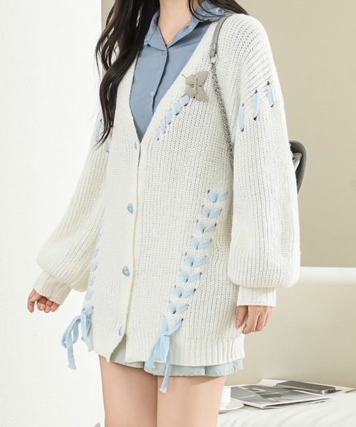 Lace Ladies（レースレディース）の「ビッグシルエット 配色 レースアップ 長袖 ニット カーディガン（カーディガン/ボレロ・レディース・アイボリー/ブラック・FREE）」の10枚目の写真