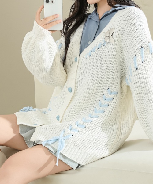 Lace Ladies（レースレディース）の「ビッグシルエット 配色 レースアップ 長袖 ニット カーディガン（カーディガン/ボレロ・レディース・アイボリー/ブラック・FREE）」の12枚目の写真