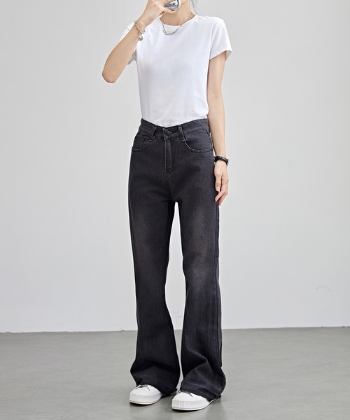 レディース　濃紺　フレアデニムパンツ　By Dickies Women セール】ヴィンテージ風 ハイウエスト フレア デニム パンツ