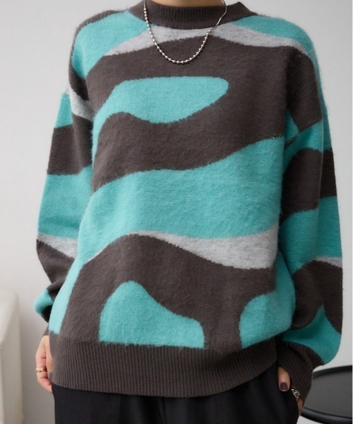 AZUL by moussy（アズールバイマウジー）の「マーブルジャガードニットトップス（ニット/セーター・レディース・ブラック系その他/グリーン系その他・FREE）」の2枚目の写真