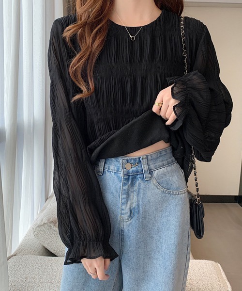 Miniministore(ミニミニストア)の「シャーリングブラウス 長袖トップス韓国風(シャツ/ブラウス・レディース・ミント/ホワイト/ブラウン/ベージュ/ネイビー/ブラック/ダークグリーン/グレー・FREE)」の10枚目の写真