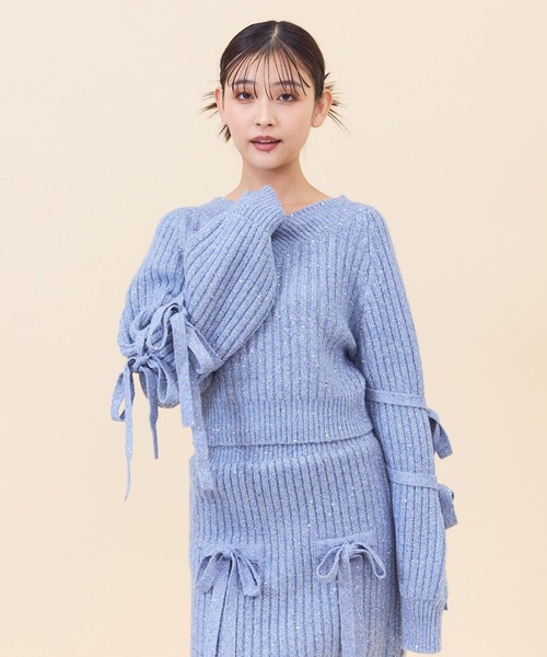REDYAZEL（レディアゼル）の「【セットアップ可能】ラメスパンコールダブルリボンニット（ニット/セーター・レディース・ライトグレー/ベージュ/ブルー・FREE）」の13枚目の写真