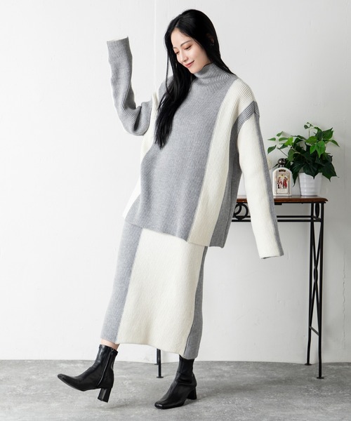 MILLION CARATS（ミリオンカラッツ）の「どんな場面でも頼れるモード感たっぷりのエフォートレスバイカラーニットセットアップ（アンサンブル・レディース・ベージュ/グレー/ブルー/ブラック・FREE）」の3枚目の写真