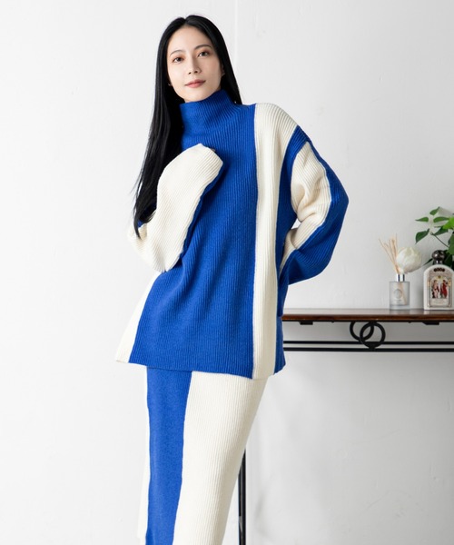 MILLION CARATS（ミリオンカラッツ）の「どんな場面でも頼れるモード感たっぷりのエフォートレスバイカラーニットセットアップ（アンサンブル・レディース・ベージュ/グレー/ブルー/ブラック・FREE）」の4枚目の写真