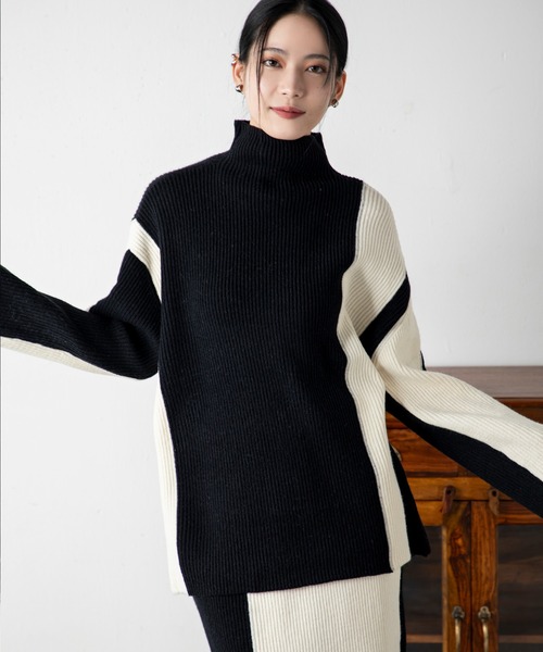 MILLION CARATS（ミリオンカラッツ）の「どんな場面でも頼れるモード感たっぷりのエフォートレスバイカラーニットセットアップ（アンサンブル・レディース・ベージュ/グレー/ブルー/ブラック・FREE）」の5枚目の写真