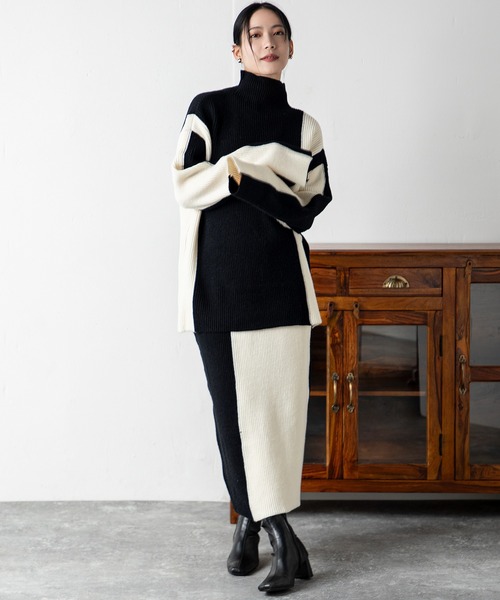 MILLION CARATS（ミリオンカラッツ）の「どんな場面でも頼れるモード感たっぷりのエフォートレスバイカラーニットセットアップ（アンサンブル・レディース・ベージュ/グレー/ブルー/ブラック・FREE）」の6枚目の写真