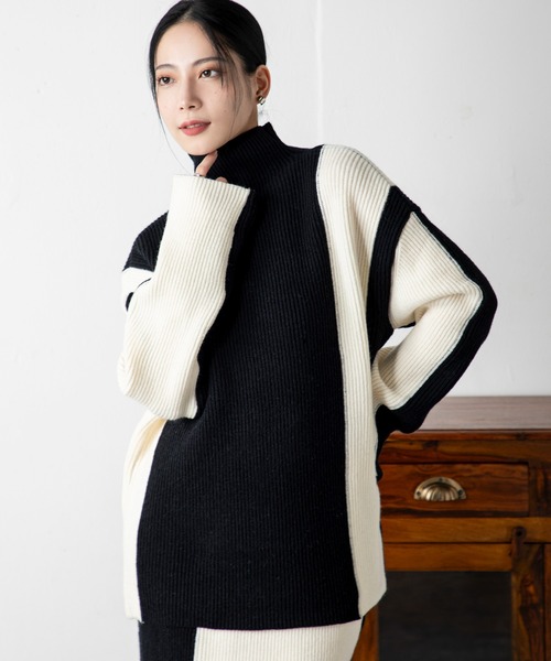 MILLION CARATS（ミリオンカラッツ）の「どんな場面でも頼れるモード感たっぷりのエフォートレスバイカラーニットセットアップ（アンサンブル・レディース・ベージュ/グレー/ブルー/ブラック・FREE）」の7枚目の写真