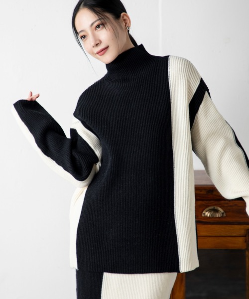 MILLION CARATS（ミリオンカラッツ）の「どんな場面でも頼れるモード感たっぷりのエフォートレスバイカラーニットセットアップ（アンサンブル・レディース・ベージュ/グレー/ブルー/ブラック・FREE）」の8枚目の写真