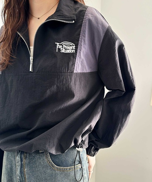 FIRST MOOD(ファーストムード)の「《FIRSTMOODコラボ》ハーフジップ配色ナイロン刺繍オーバーサイズブルゾン(ブルゾン・レディース・ベージュ/ブラック・LARGE/MEDIUM)」の6枚目の写真