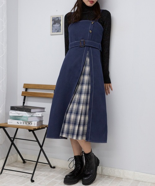 【セール】サイド チェックプリーツ ロング ジャンスカ ワンピース(ワンピース)|pumpkin port(パンプキンポート) 【セール】サイド チェックプリーツ ロング ジャンスカ ワンピース(ワンピース)|pumpkin port(パンプキンポート)