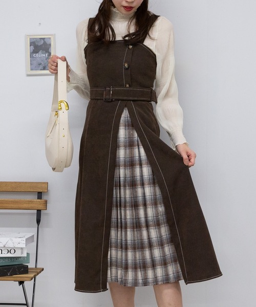 【セール】サイド チェックプリーツ ロング ジャンスカ ワンピース(ワンピース)|pumpkin port(パンプキンポート) 【セール】サイド チェックプリーツ ロング ジャンスカ ワンピース(ワンピース)|pumpkin port(パンプキンポート)