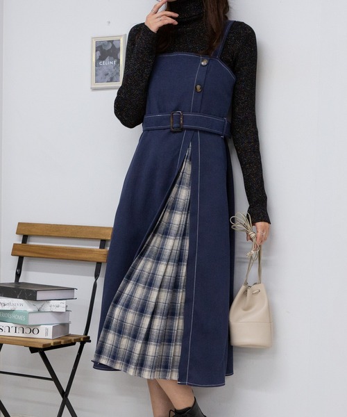 【セール】サイド チェックプリーツ ロング ジャンスカ ワンピース(ワンピース)|pumpkin port(パンプキンポート) 【セール】サイド チェックプリーツ ロング ジャンスカ ワンピース(ワンピース)|pumpkin port(パンプキンポート)